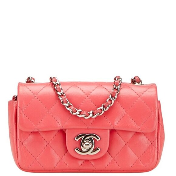 Authentic CHANEL CC Lambskin Quilted Mini Square Flap Pink Lambskin Matelasse - Picture 1 of 12